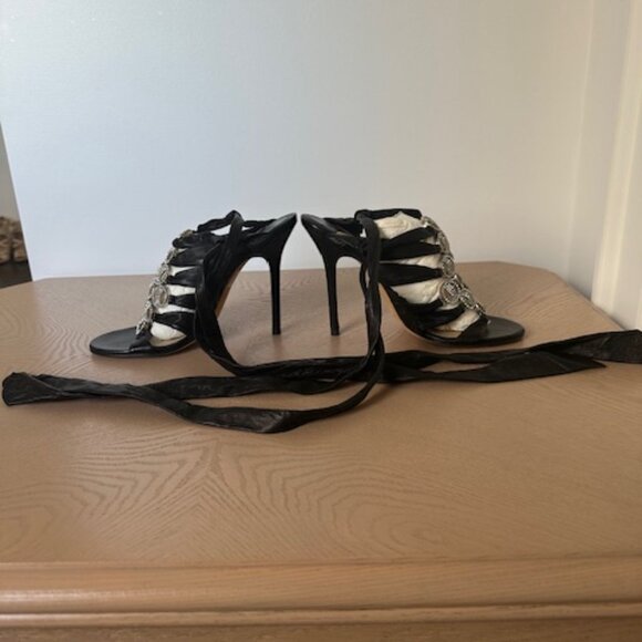 Jimmy Choo Stiletto Sandals with Ankle Strap, Black Leather and Crystals - Picture 6 of 13